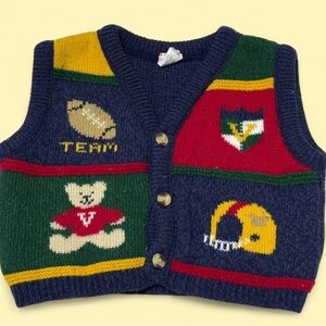 Vintage‎ Baby Boy Football Sweater Vest Knit Blue size 6-9 Months Teddy Button